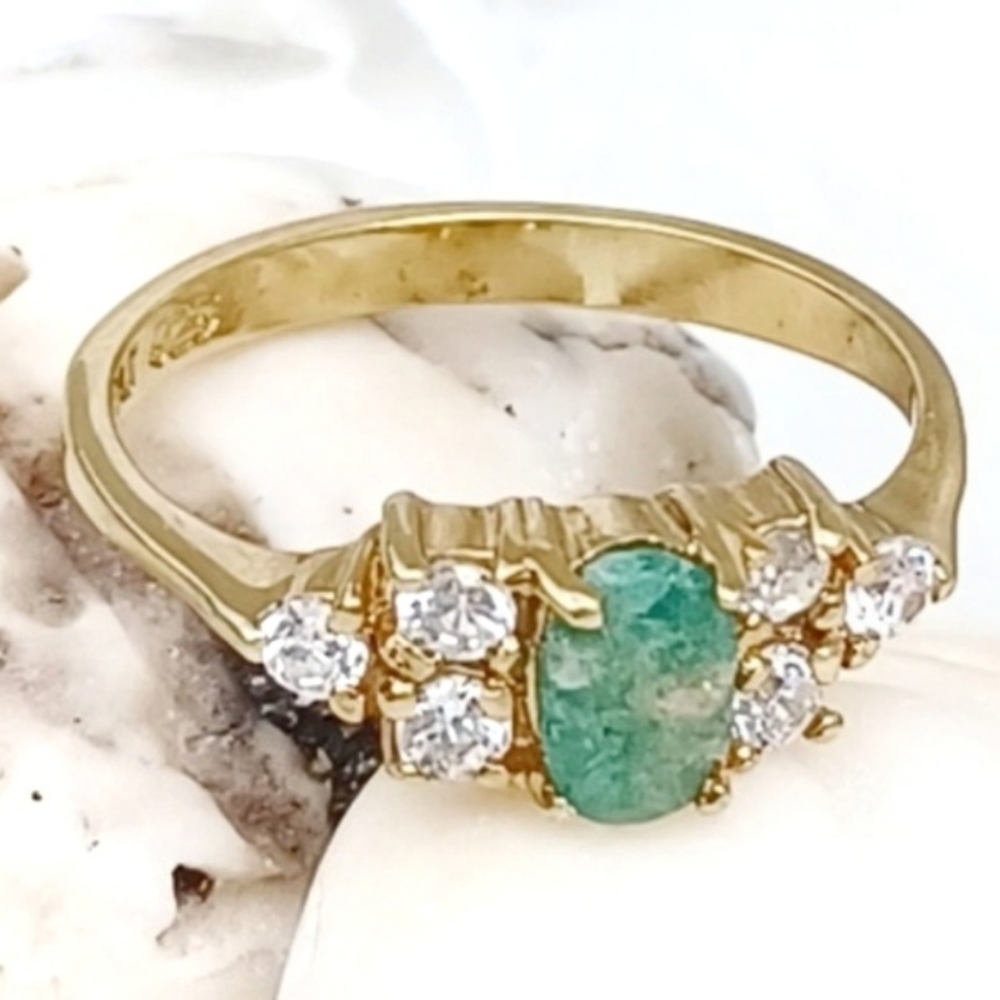 Green Stone and CZ Gold Ring